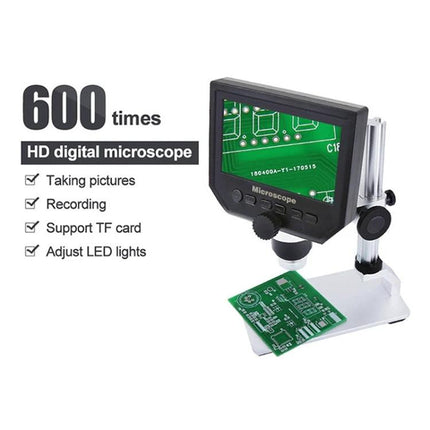 Handheld Digital Microscope for Electronics Repair and Testing with built-in display showing circuit board at 600x magnification