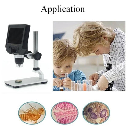 Handheld Digital Microscope for Electronics Repair and Testing showing built-in display and kids using it for close-up inspection