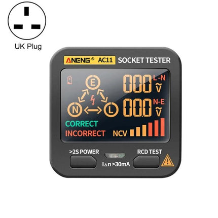 ANENG Multifunctional Socket Tester with Digital Display showing VA color LCD voltage, NCV bars, correct/incorrect wiring indicators for UK plug