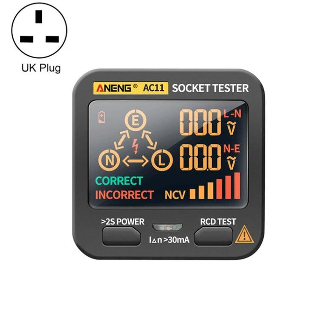 ANENG Multifunctional Socket Tester with Digital Display showing VA color LCD voltage, NCV bars, correct/incorrect wiring indicators for UK plug