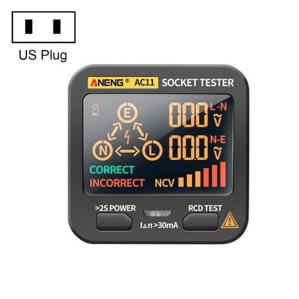 ANENG Multifunctional Socket Tester with Digital Display showing color VA screen readings and wiring indicators for US plug safety checks