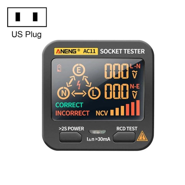 ANENG Multifunctional Socket Tester with Digital Display showing color VA screen readings and wiring indicators for US plug safety checks