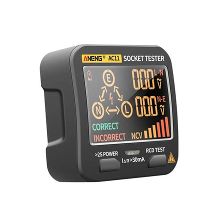 ANENG Multifunctional Socket Tester with Digital Display showing VA color screen, voltage readings, and wiring status indicators