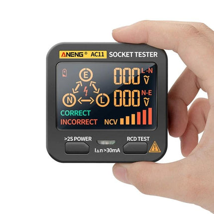 ANENG Multifunctional Socket Tester with Digital Display showing VA color screen with voltage readings and wiring indicators in hand