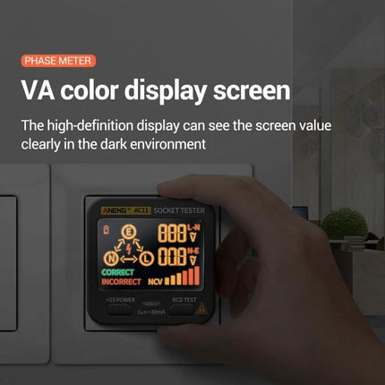 ANENG Multifunctional Socket Tester with Digital Display showing VA color screen, voltage readings and wiring indicators in hand near wall socket