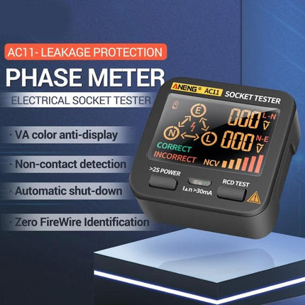 ANENG Multifunctional Socket Tester with Digital Display showing VA color screen, voltage readings, NCV and RCD test features