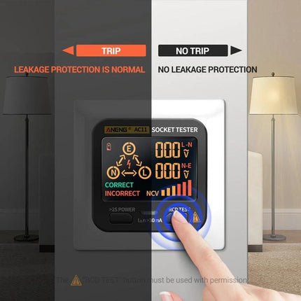 ANENG Multifunctional Socket Tester with Digital Display plugged into wall showing VA color display, voltage readings and leakage trip indicators