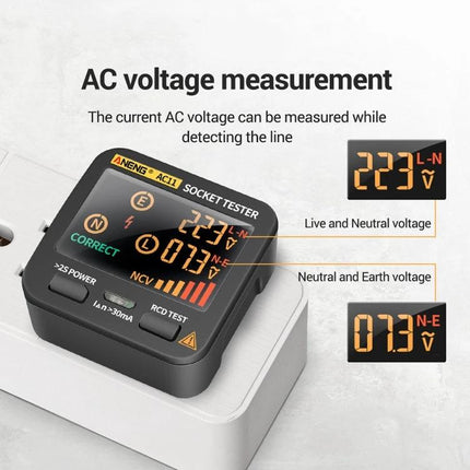 ANENG Multifunctional Socket Tester with Digital Display showing 223V live-neutral and 073V neutral-earth voltage readings on VA color display