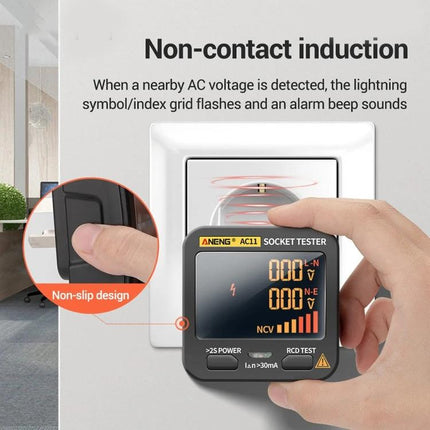 ANENG Multifunctional Socket Tester with Digital Display held near wall socket showing VA color display and non-contact voltage indication