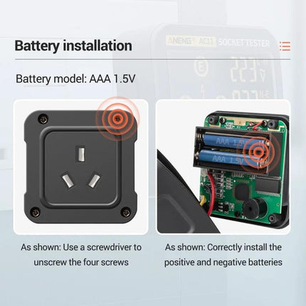 ANENG Multifunctional Socket Tester with Digital Display showing AAA battery installation and screw removal instructions