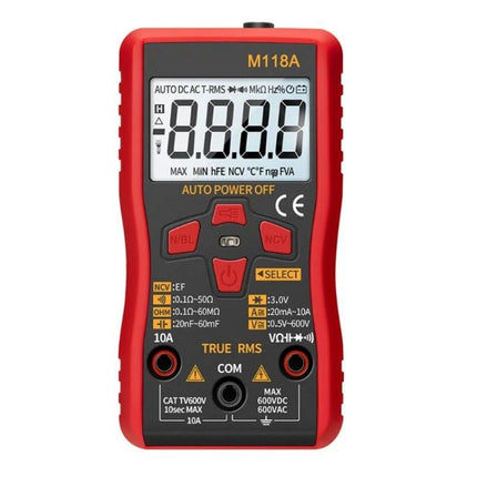 ANENG Automatic Digital Multimeter for Electrical Testing - red M118A true RMS handheld multimeter showing large LCD and input jacks