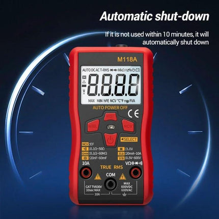 ANENG Automatic Digital Multimeter for Electrical Testing showing red M118A multimeter with auto shut-down feature and large LCD display
