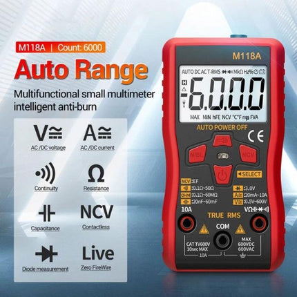 ANENG Automatic Digital Multimeter for Electrical Testing - red M118A auto-range multimeter showing 6000 count display and function icons