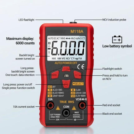 ANENG Automatic Digital Multimeter for Electrical Testing showing front display, buttons, input sockets and labeled features for household and automotive use