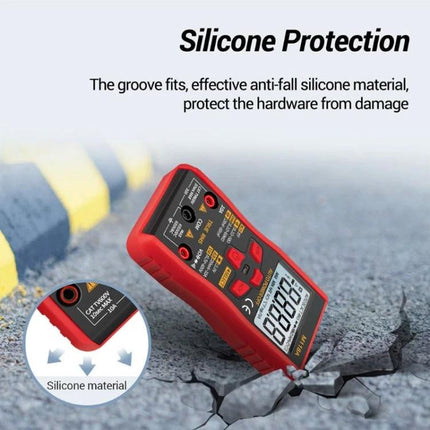 ANENG Automatic Digital Multimeter for Electrical Testing with red silicone protective case showing drop protection and clear LCD display