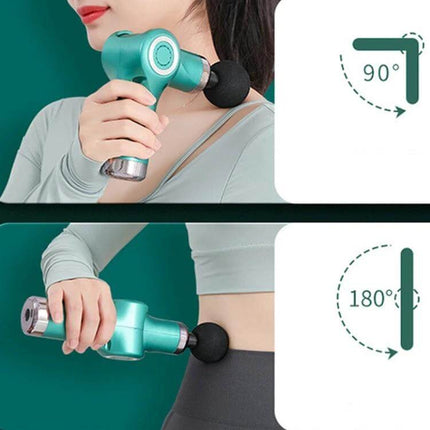 Fascia Gun Pocket Massage Folding 20 Speed For Relaxed Muscles - teal pocket massage gun used on neck and waist showing 90° and 180° folding positions