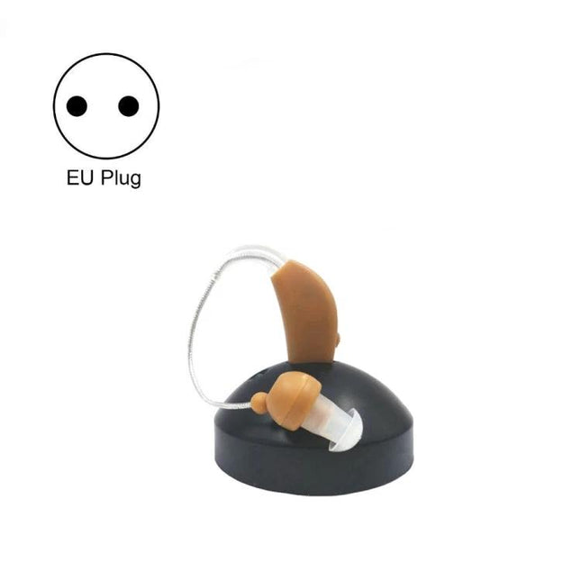 Rechargeable Hearing Aids for the Elderly with USB Charging showing beige behind-the-ear aid on USB charging dock, EU plug included