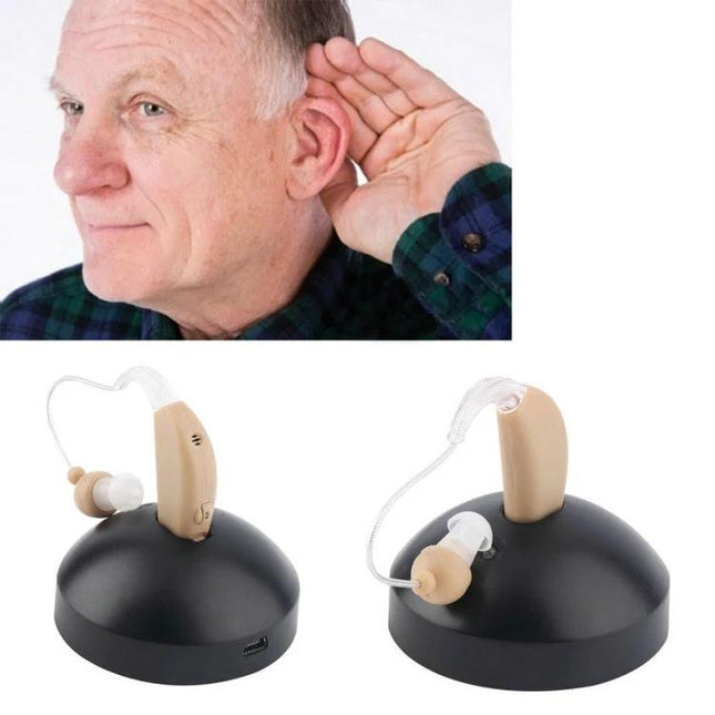 Rechargeable Hearing Aids for the Elderly with USB Charging shown with over‑ear demo and USB charging dock