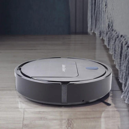 Jallen Gabor Automatic Toy Sweeping Robot for Home Cleaning on hardwood floor near rug, quiet 50dB pretend play toy
