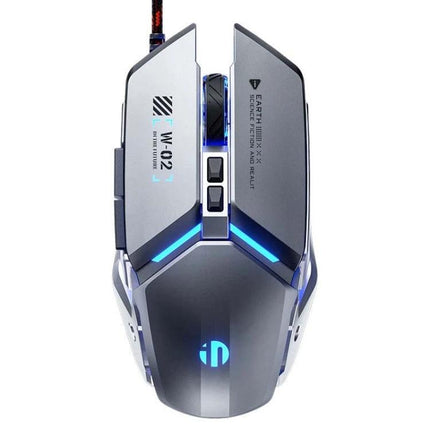 Inphic Programmable Gaming Mouse with Six Custom Keys for Everyday Use - top view showing ergonomic silver shell, RGB lighting and six programmable buttons