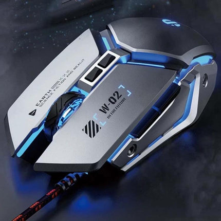 Inphic Programmable Gaming Mouse with Six Custom Keys for Everyday Use - sleek ergonomic silver-blue gaming mouse with RGB lighting and six programmable buttons