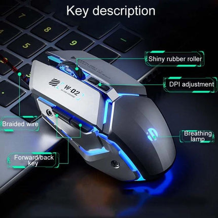 Inphic Programmable Gaming Mouse with Six Custom Keys for Everyday Use showing ergonomic design, DPI adjustment, braided wire and RGB lighting