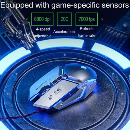 Inphic Programmable Gaming Mouse with Six Custom Keys for Everyday Use on blue lit futuristic platform showing 8800 dpi 20G 7000 fps specs