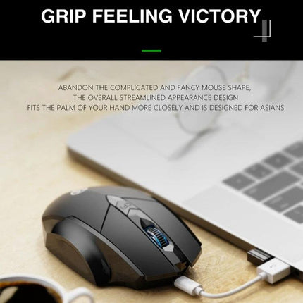 Inphic A1 Wireless Mechanical Mouse for Home and Gaming with Silent Buttons black ergonomic mouse beside laptop, silent buttons, USB charging cable