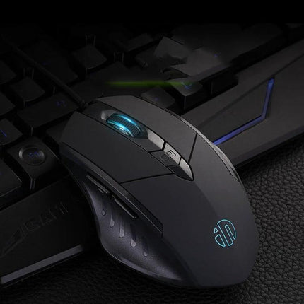 Inphic PW1 Quiet Illuminated Wired Gaming Mouse for Daily Use - black ergonomic wired mouse with blue LED scroll wheel on keyboard