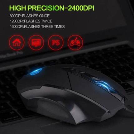 Inphic PW1 Quiet Illuminated Wired Gaming Mouse for Daily Use showing illuminated DPI indicators and ergonomic design on a laptop keyboard