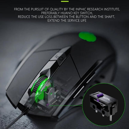 Inphic PW1 Quiet Illuminated Wired Gaming Mouse for Daily Use showcasing illuminated scroll wheel and internal Huano switch