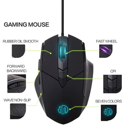 Inphic PW1 Quiet Illuminated Wired Gaming Mouse for Daily Use - black wired mouse with illuminated scroll wheel, silent buttons, CPI button, non-slip grips
