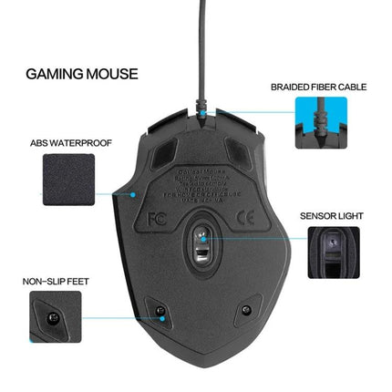 Inphic PW1 Quiet Illuminated Wired Gaming Mouse for Daily Use - black wired gaming mouse bottom view with braided cable, sensor light, non-slip feet, ABS waterproof surface