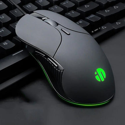 Inphic Wired Mouse with Quiet Mute Buttons for Office Use — matte black wired office mouse with silent buttons and green LED on keyboard background