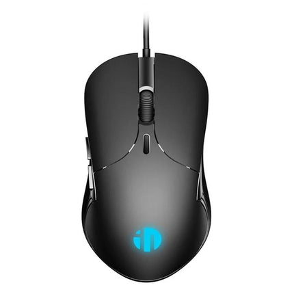 Inphic Wired Mouse with Quiet Mute Buttons for Office Use - top view black wired mouse with mute buttons and blue logo