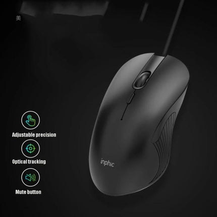 Inphic Wired Mouse with Quiet Mute Buttons for Office Use - black wired ergonomic mouse with mute buttons and optical tracking