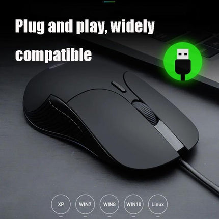 Inphic Wired Mouse with Quiet Mute Buttons for Office Use shown plugged in, sleek black wired ergonomic design for silent office navigation