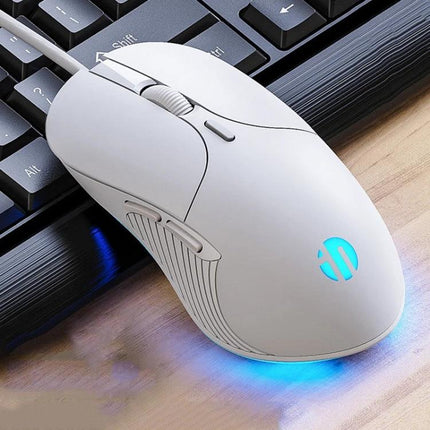 Inphic Wired Mouse with Quiet Mute Buttons for Office Use — white wired office mouse with mute buttons, ergonomic design and blue LED on desk