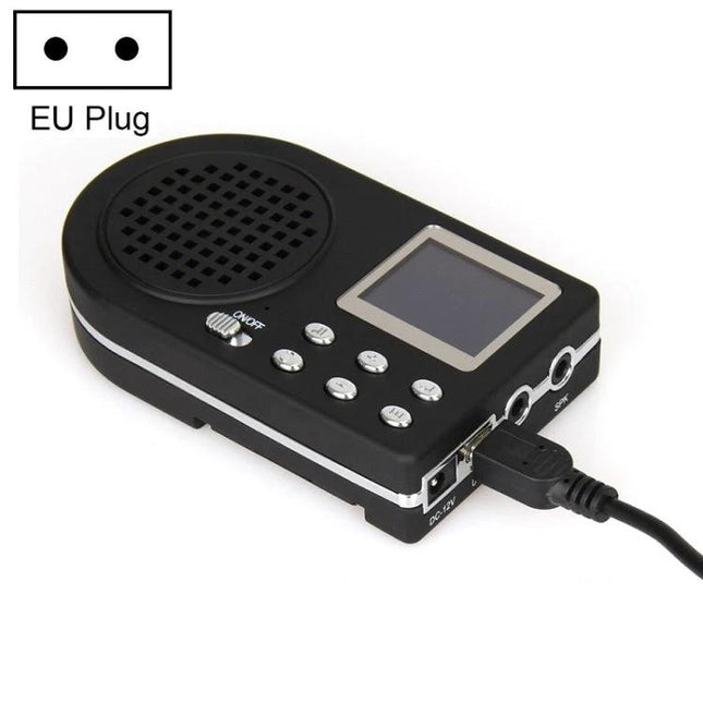 Outdoor Electronic Bird Caller with Wireless Remote Control black ABS unit with LCD, buttons, speaker and USB charging cable connected