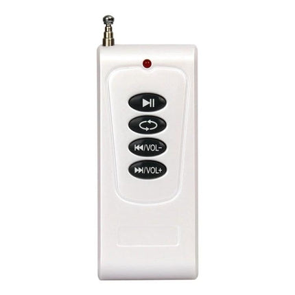 Outdoor Electronic Bird Caller with Wireless Remote Control white handheld remote with play, loop and volume buttons, antenna and red indicator light