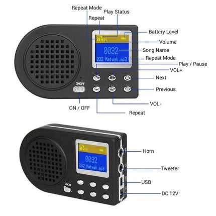 Outdoor Electronic Bird Caller with Wireless Remote Control showing ABS unit, monochrome LCD, buttons, speaker, USB and DC ports