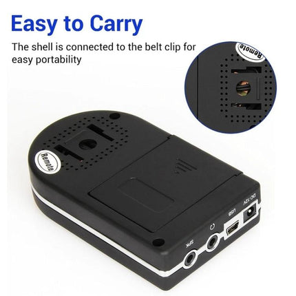 Outdoor Electronic Bird Caller with Wireless Remote Control - portable black ABS unit with belt clip, LCD and remote-ready ports
