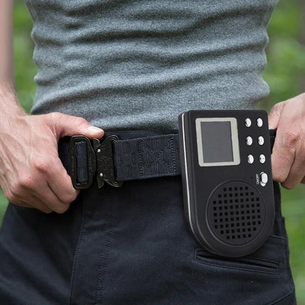 Outdoor Electronic Bird Caller with Wireless Remote Control clipped to belt, ABS casing and monochrome LCD for field use