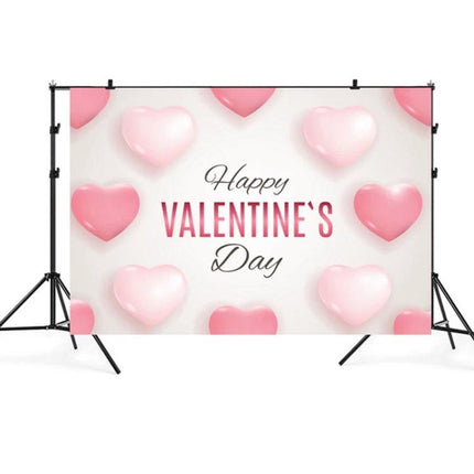 Valentine's Day Themed Photography Background Cloth, 2.1m x 1.5m - pink heart backdrop with "Happy Valentine's Day" text for parties and photo shoots