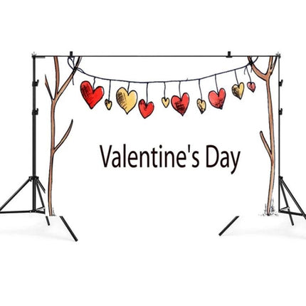 Valentine's Day Themed Photography Background Cloth, 2.1m x 1.5m - white backdrop with hanging red and gold heart garland and 'Valentine's Day' text