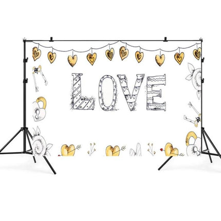 Valentine's Day Themed Photography Background Cloth, 2.1m x 1.5m - white backdrop with gold heart garland and 'LOVE' text for romantic photo shoots