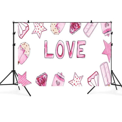 Valentine's Day Themed Photography Background Cloth, 2.1m x 1.5m pink LOVE backdrop with hearts stars sweets for parties weddings photos