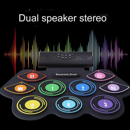 Electronic Drum Set for Quiet Home Music Practice - compact silicone pad kit with dual speaker, headphone jack and color-coded responsive drum pads