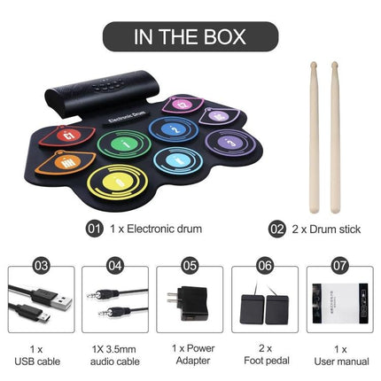 Electronic Drum Set for Quiet Home Music Practice - compact silicone pad kit with headphones jack, USB cable, power adapter, drum sticks and foot pedals