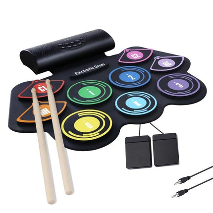 Electronic Drum Set for Quiet Home Music Practice — compact silicone pad kit with headphones jack and drumsticks for silent apartment use